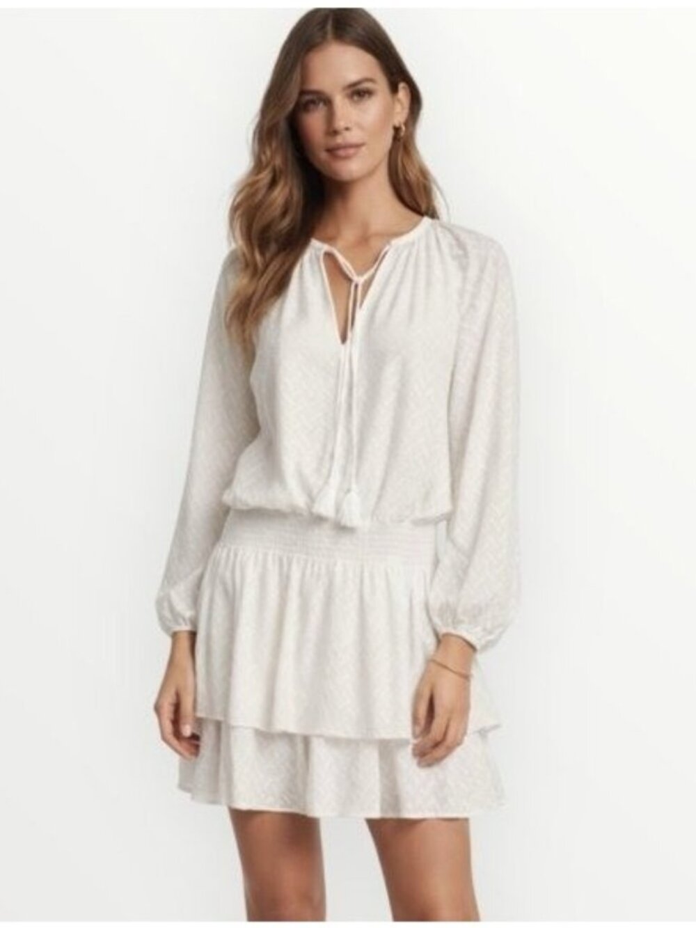 🛍 Ramy Brooke Dorsey Textured Blouson Mini Dress White Herringbone